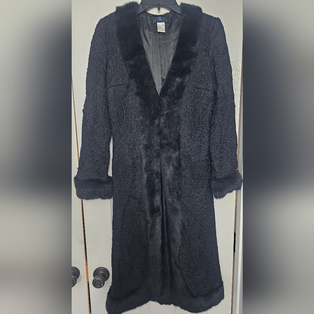 Sue Wong "Nocturne" duster coat featuring a black French ribbon appliqué fauxFur